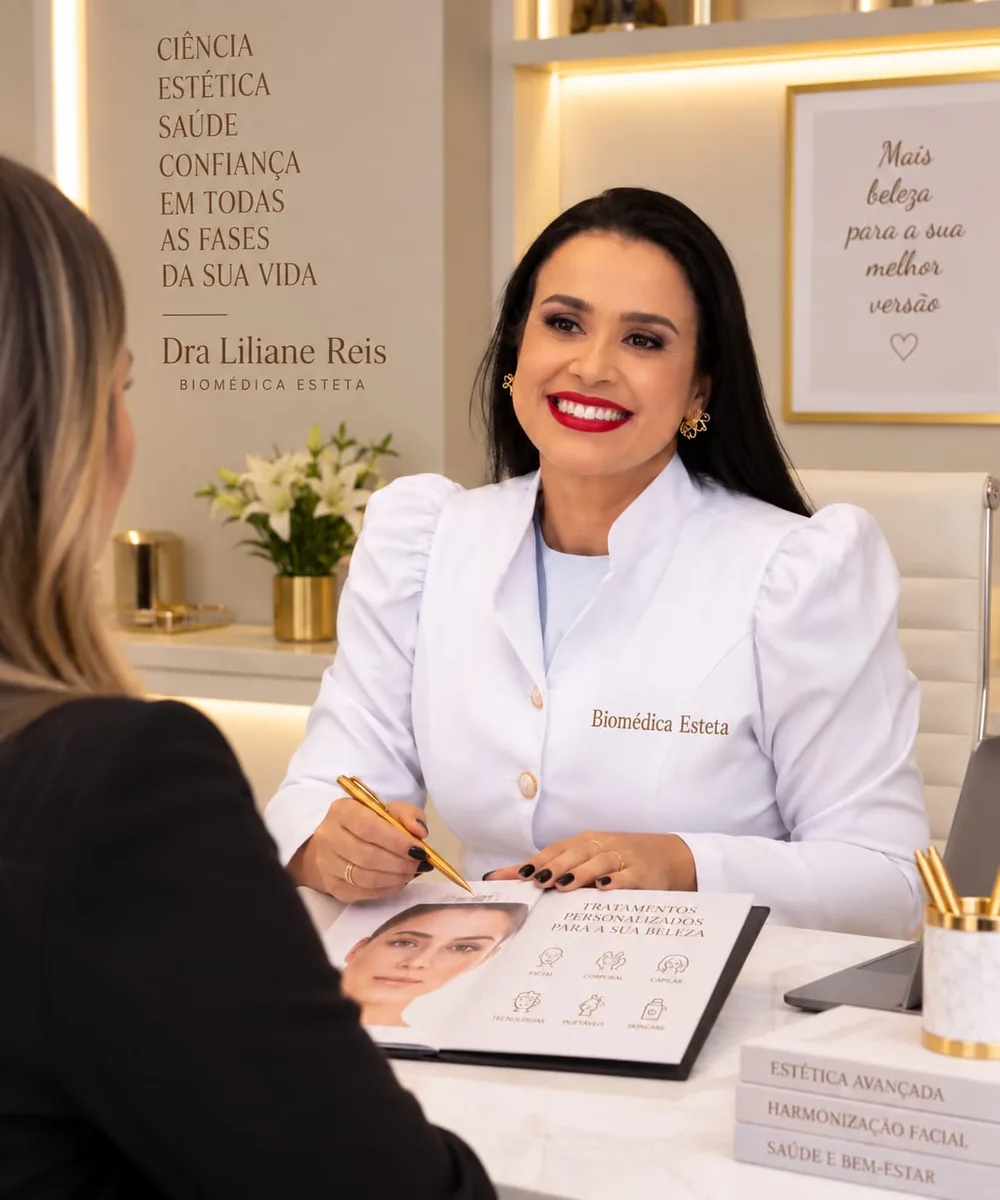 Dra. Liliane Reis conversando com uma paciente na mesa de atendimento