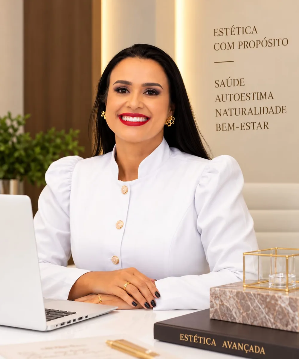 Dra. Liliane sorrindo na mesa de atendimento