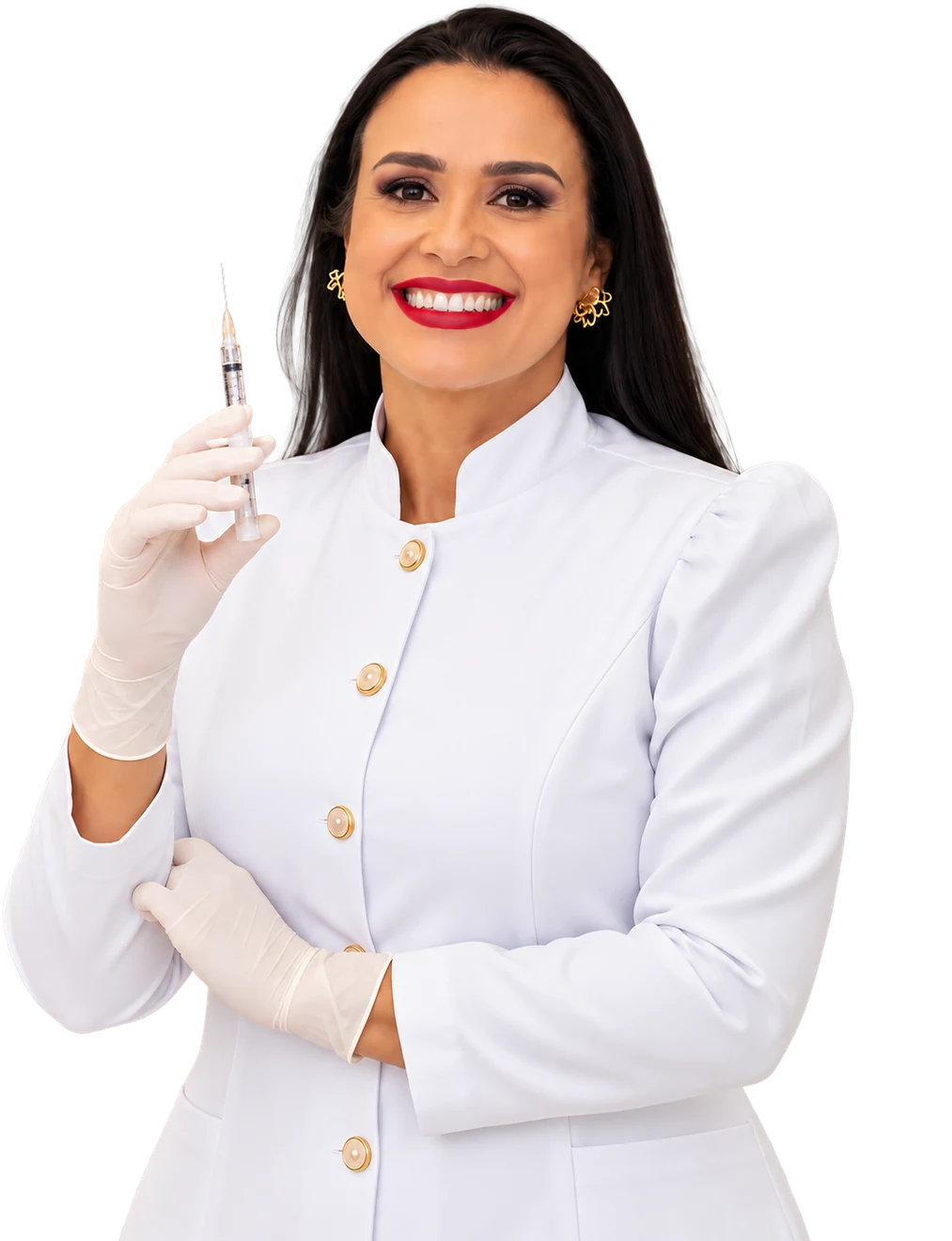 Dra. Liliane Reis sorrindo, segurando uma seringa